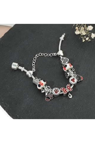 Yeni Tarz ,disney Mickey Minnie Mouse Temalı , Sevgi Charmlı Bileklik, Ahşap Kutu İçerisinde Gümüş Gümüş