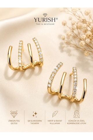 Kadın Gold Zikron Taşlı Tasarım Küpe