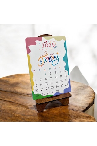 2025 Takvim - İngilizce Renkli Standlı Masaüstü Takvim- Ahşap Telefon Tutucu