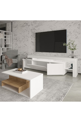 İnarch Dizayn Beliz Led Işıklı Tv Sehpası Ve Vera Orta Sehpa Set - Oturma Odası Modern Takım Beyaz - Safirmeşe