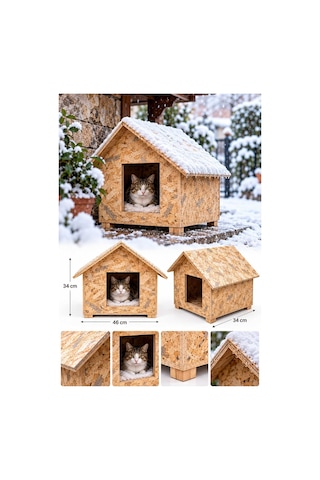 Reyo Kedi Evi Dış Ortam Uygun Ahşap Kedi Yuvası Kedi Barınağı Rüzgar ve Soğuğa Dayanıklı Osb Malzeme 46 x 34 x 34 CM CAT26