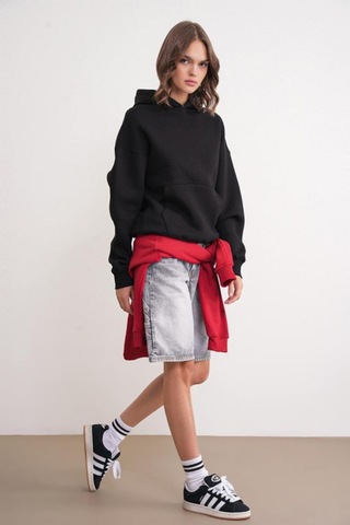 Mixray 2022 Unisex 3iplik Basic Polarlı Kapüşonlu Sweatshirt Hoodie Siyah