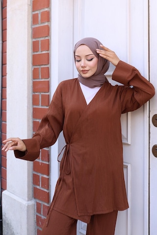 Misskayle Bağlama Detaylı Kimono Takım Kahverengi Kahverengi