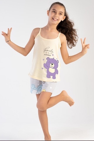 Kız Çocuk Şortlu Pijama Takımı Askılı Ayıcık Baskılı A13 Pembe