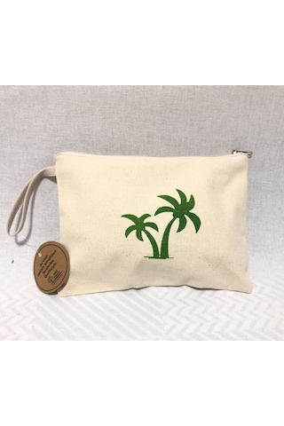 Obidev Tahta Baskı Palmiye Desenli Clutch ,portföy Çanta,makyaj Çantası Krem