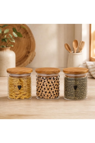 Tr 3'lü Heart Cam Kavanoz Seti 250 Ml, Bambu Kapaklı Kalp Desenli Cam Saklama Kabı, Kahve Şeker Baharat Kuruyemiş Genel