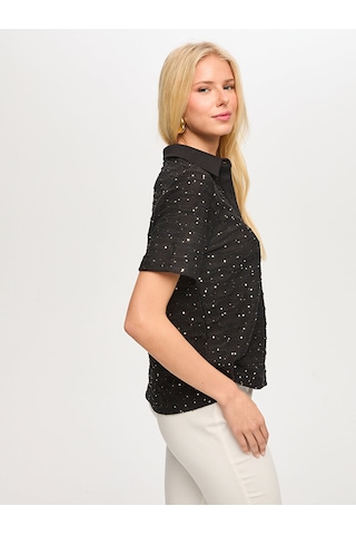 Faik Sönmez Polo Yaka Payetli Örme Bluz S26blz015 Us26blz01510 Siyah