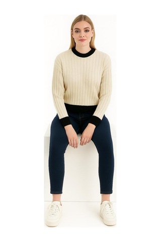 Hira Life Fashion Kadın Bisiklet Yaka Fitili Ve Şerit Detaylı Crop Triko Kısa Kazak Bej Bej