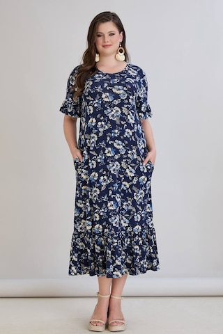 Wearon Kadın Dora Büyük Beden Volanlı Beyaz Papatyalar Lacivert Elbise Lacivert