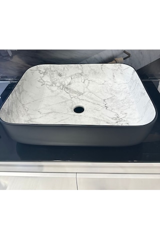 Boheme Scope 50 Cm Mat Siyah Calacatta Tezgah Üstü Çanak Lavabo Şık Tasarım Krom