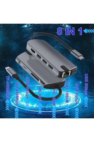Xuweiwei 8in 1 Usb C Hub Gray 4k Hdtv Rj45 1000m Sd Tf Arayuzu 3 Usb 1 Usb C Macbook Ve Windows Notebook Uyumlu