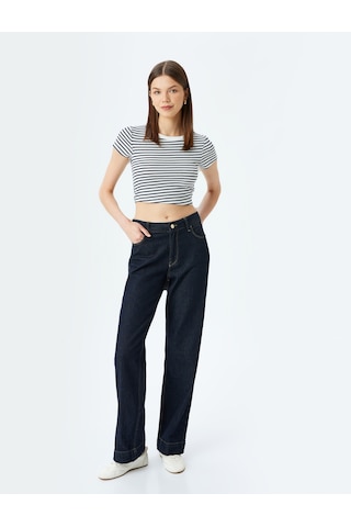 Koton Crop Bisiklet Yaka Kısa Kollu Slim Fit Tişört Lacivert Çizgili 5sal10192ık 7s2 Çok Renkli