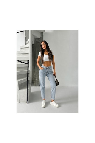 Bluemarlin Buz Kar Yüksek Bel Ön Bacak Taşlı Mom Jeans Kot Pantolon Buz Kar