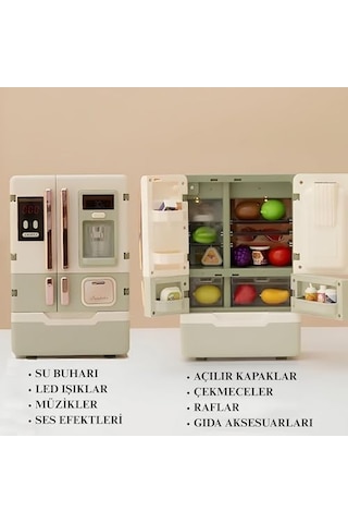 Giffy/oyuncak Buhar Efektli Buzdolabı 28 Parça Aksesuarlı Sesli Müzikli Led Işıklı Pilli Eğitici Gerçekçi Açık Gri
