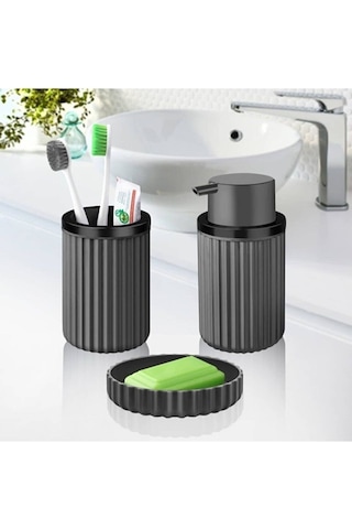 Lines Serisi Gri Banyo Seti, 3 Parça Oval Akrilik Sabunluk Fırçalık ve Sıvı Sabunluk Takımı - 3319