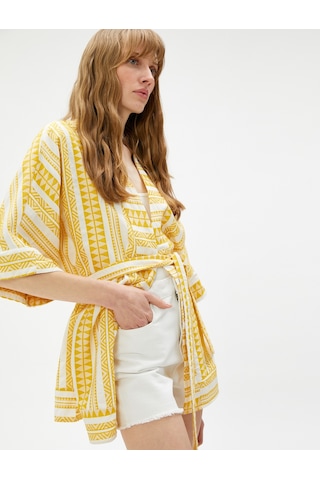 Koton Etnik Desenli Kimono Kuşaklı Kısa Kollu Hardal Desenli 3sak50010cw 3SAK50010CW1D9 Hardal