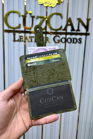 Cüzcan Jorvik Patlı Hakiki Deri Premium Kartlık Kişiye Özel İsim Baskılı Yeşil Motifli