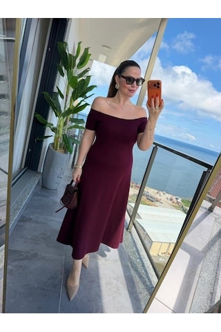Meridefashion Madonna Yaka Midi Boy Modal Elbise - 62608 L/xl - Kırmızı Çok Renkli