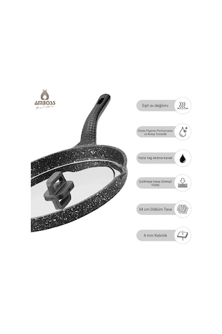 Amboss Döküm Granit Kapaklı Balık Tavası 34 Cm gri