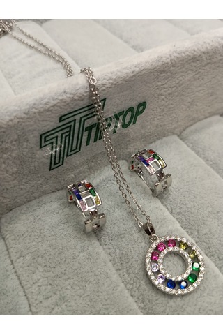 Tiptop/gümüş Renk Zirkon Taşlı Çok Renkli Kolye-küpe Set Çok Renkli