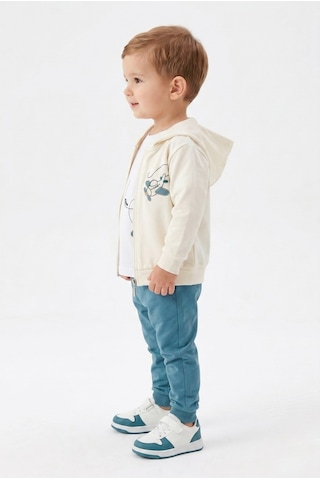 Toontoy Kids Toontoy Erkek Çocuk 3'lü Eşofman Takımı Uzun Kollu Bisiklet Yaka Nakışlı T-shirt - Kapüşonlu Fermuarlı Hırka- Beli Paçası Lastikli Eşofman Altı 25052 Mavi