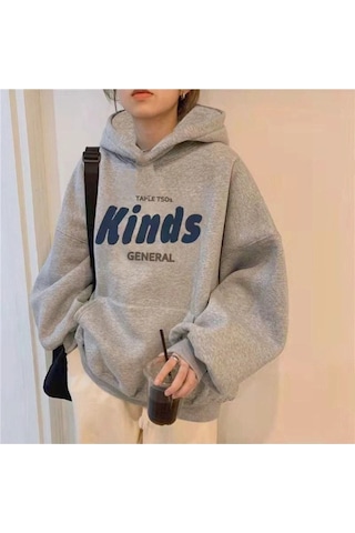 Kinds General Sweatshirt - Gri Baskılı Oversize Kapüşonlu Gri