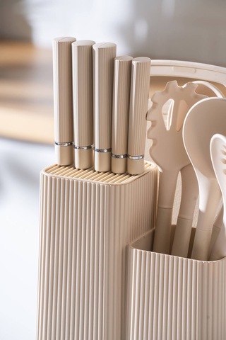 Cooper 12 Parça Standlı Kesme Tahtası Servis Ve Bıçak Seti Krem