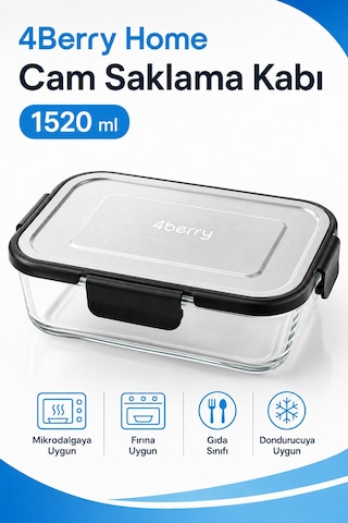 1520 Ml Kilitli Cam Saklama Kabı İnoks Kapaklı Yemek Ve Kahvaltılık Kabı Şeffaf