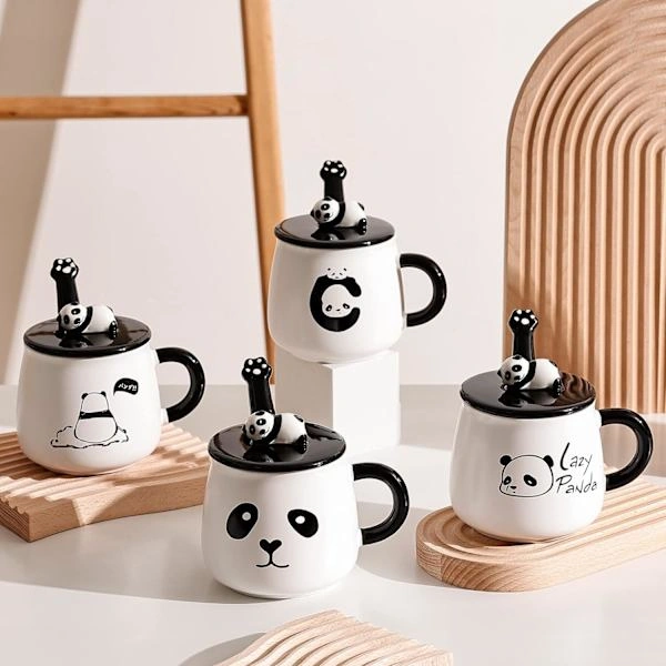 Tembel Panda Kupa - 3d Panda Kapaklı Ve Kaşığıyla Şirin Seramik Kahve Kupası - 3d Panda Kahve Kupası - Komik Kahve Kupası Çay Süt Kupası Hediyeleri Diğer