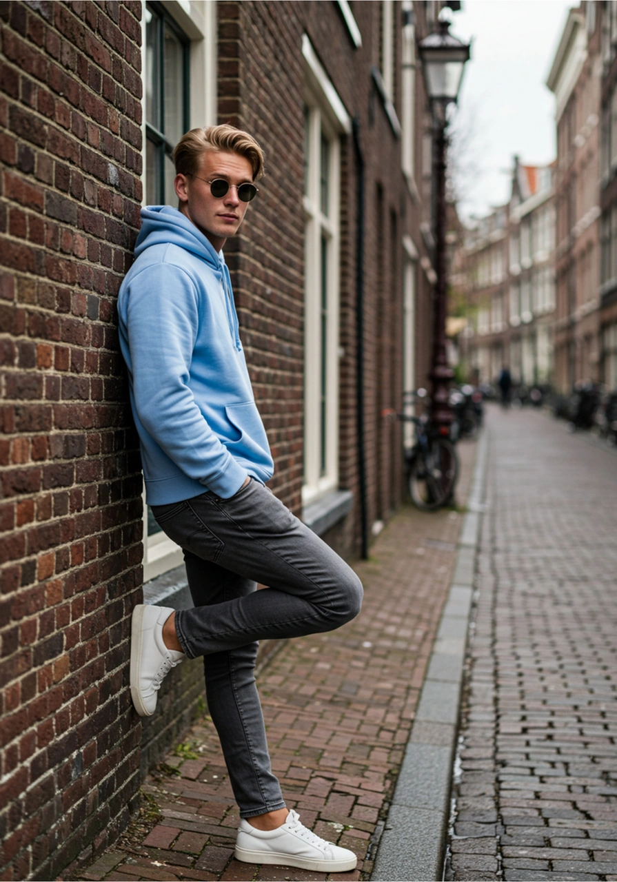 Erkek Oversize %100 Pamuk Yüksek Kalite Erkek Kapüşonlu Sweatshirt Mavi