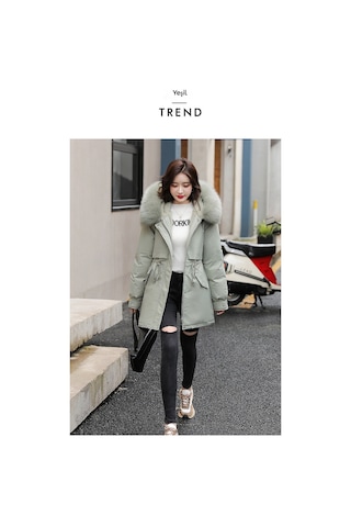 Snapbuy Kalın, Yumuşak Dolgulu, Midi Boy, Kapüşonlu, Kürk Detaylı Kadın Mont Su Yeşili