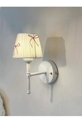 Candy Pembe Fiyonk Kurdele Beyaz Rafya Kablosuz Pilli Duvar Aydınlatması Aplik - Alt Beyaz Pembe