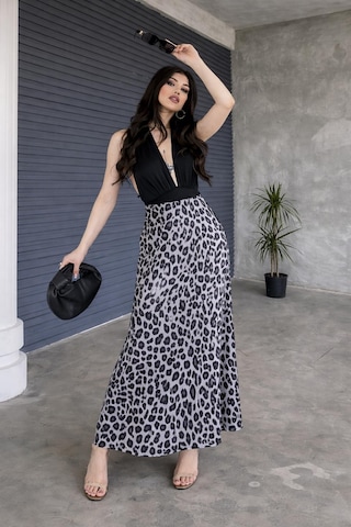 Green'dal Leopar Desenli Maxi Etek İç Göstermez Ve Şık Gri