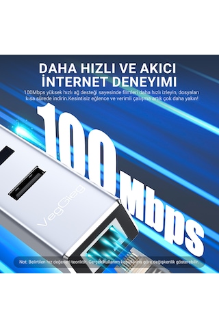 Veggieg Usb Type-c To 100mbps Ethernet Çevirici Ve 3 Portlu Usb Hub Çoklayıcı