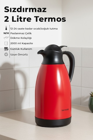 Bernardo Grandio Çelik Termos Kırmızı 2 Litre