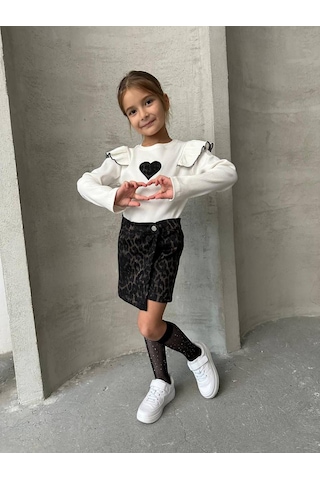 Bellamio Kids Leoparlı Şort Etekli Kız Çocuk Takımı Ekru - Siyah