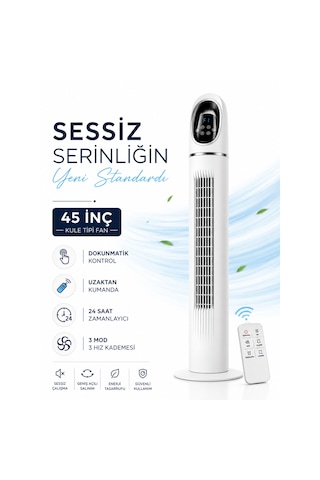 Kule Tipi Vantilatör 45 İnç, Uzaktan Kumandalı, 3 Hız Kademeli, 3 Modlu Normal/doğal/uyku , Salınımlı, Dokunmatik Kontrollü, 24 Saat Zamanlayıcılı, Beyaz