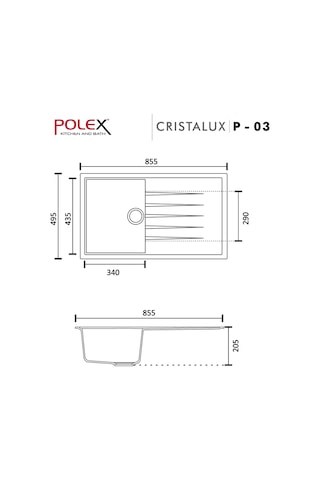 Polex Cristalüx Granit Evye P-03 Siyah Tezgah Altı Ve Tezgah Üstü Mutfak Evyesi 85x49.5 CM