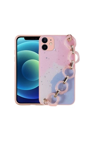 Apple Uyumlu iPhone 11 Kılıf Simli Desenli El Askılı Tutacaklı Zore Elsa Silikon Kapak Pembe