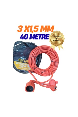 Klc 40 Metre Uzatma Kablosu 3x1.5 Mm Tekli Grup Fiş Priz Topraklı Kablolu Kapaklı Monofaze Ev Tipi T Turuncu 15 M Ve Üzeri