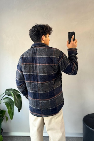 Flaw Ekose Desen Cep Detay Oversize Ceket Lacivert Lacivert