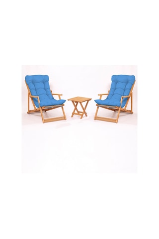Meya Dekor Simona Grand Şezlong 2+1 Ahşap Bahçe Balkon Teras Katlanır Set - Mavi Minder Mavi