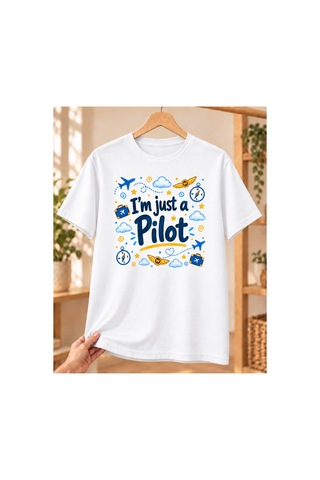 Mor Mürekkep Pilot Baskılı Beyaz Tişört - Pilota Hediye Unisex