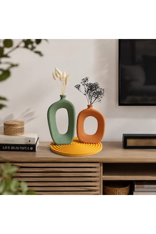 El Yapımı Modern Bohem Beton Vazo Seti Dekoratif Kemerli İkili Vazo & Yuvarlak Altlık Premium Seri Adaçayı-tarçın-okre