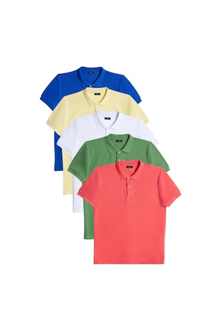Tudors Erkek 5'li Paket Saks Mavi-ç.yeşili-nar Çiçeği-sarı-beyaz Slim Fit Pamuklu Düz Pike Polo Yaka Tişört-33006 Multi Çok Renkli