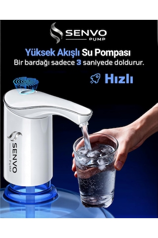 Senvo Pump Damacana Su Pompası Hızlı Dolum, Ultra Sessiz, Tek Şarjla 15 Damacanaya Kadar Beyaz