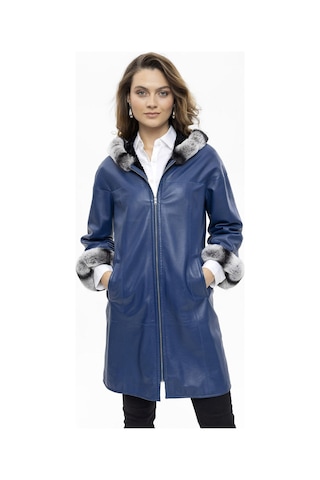 Mavi Hillary Geniş Kesim İçi Kumaş Çift Taraflı Kapüşon Ve Kol Ağzı Kürklü Kadın Hakiki Deri Kaban-mavi Mavi