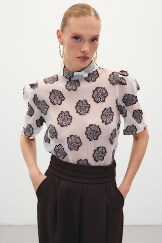 Sateen Organze Kısa Kol Bluz - Kahve-136322 Kahve