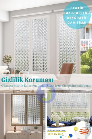 Technojet Statik Buzlu Desenli Cam Kaplama Filmi Duşa Kabin Ofis Balkon Dekorasyon Folyo 60cmx100cm Tk2019