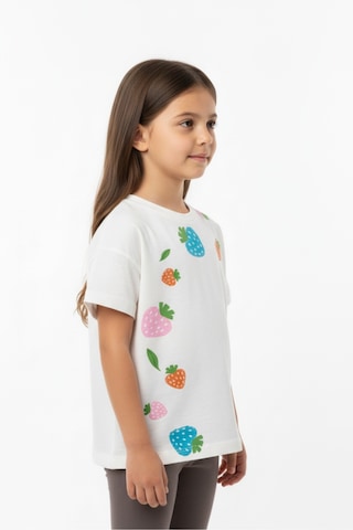Toontoy Kids Toontoy Kız Çocuk Bisiklet Yaka Düşük Omuz Kısa Kollu Baskılı Tişört 25005 Ekru